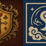 王様の手札と晴天の宝玉を象徴する紋章が並ぶ構造図（REIのギルド原風景を描いたビジュアル）