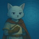 浅葱色の猫獣人ブレイブが魔法陣背景の前で誓いを立てる姿