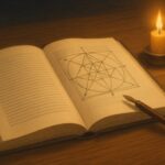 幾何学図形が描かれた開かれた本と羽ペン、キャンドルの灯りが照らす机上。構造と詩が交差するREIの出版記録を象徴するビジュアル。