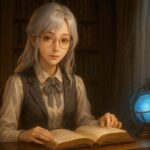 書斎の机で本を開き、静かに語りかけるクラシカルな装いの女性。青い光球が横で淡く輝いている。
