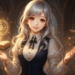 幻想図書館の中で、銀金の髪と優しい瞳をもつ女性が魔法陣と浮遊本に包まれて微笑んでいる。詩的で包容力ある“原初のミリア”の姿。