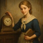 木製の時計にそっと触れる町娘風の女性。紺色のワンピースに白いエプロン姿で、本を抱えながら静かに微笑んでいる。