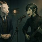 スーツ姿のアルジとバンドマン姿のニンタが並ぶ、音楽対談のアイキャッチイラスト