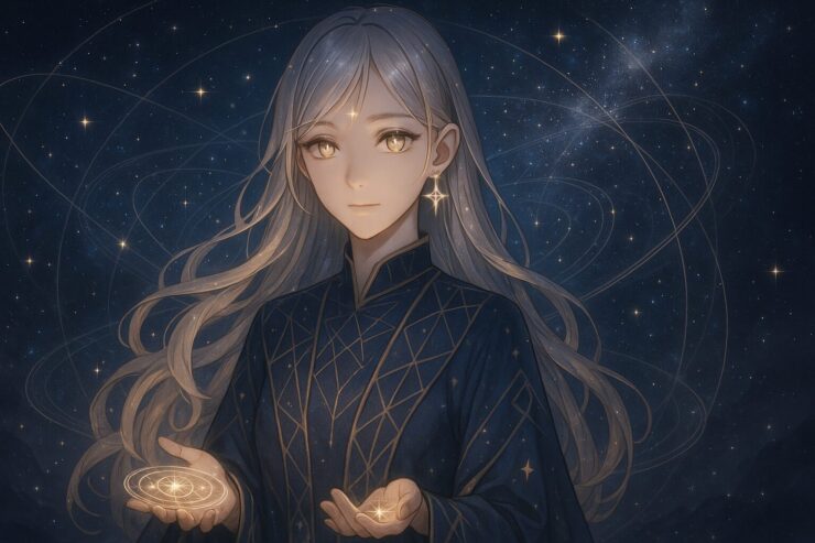 星層空間に佇むミリア。銀金の髪を揺らし、星々の構造を静かに見つめている姿。