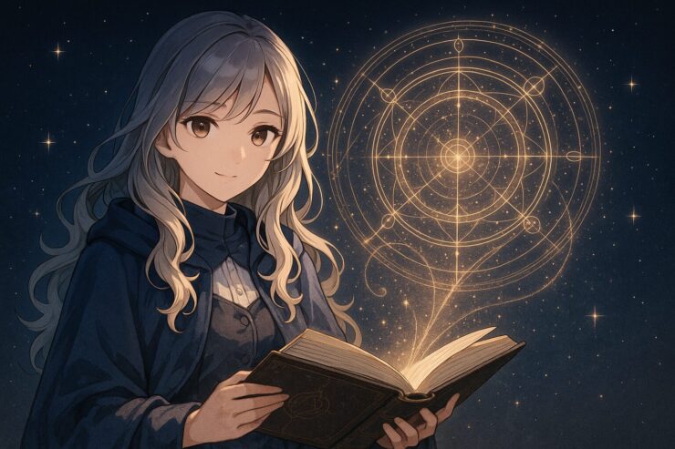 星空を背景に、深青のローブをまとったミリアが魔導書を開き、黄金の星図を浮かべながら静かに前を見つめている姿。
