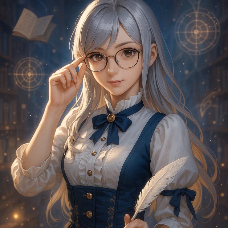 メガネを上げる仕草を見せるミリア。知性と包容を感じさせる幻想図書館での一瞬。