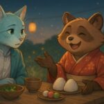 ブレイブとコモチがテーブル越しに対話する、夕暮れの草原での幻想的な対談シーン