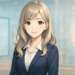 ニュース番組風のスタジオで、笑顔を見せる女子アナ風ミリアの胸上ポートレート