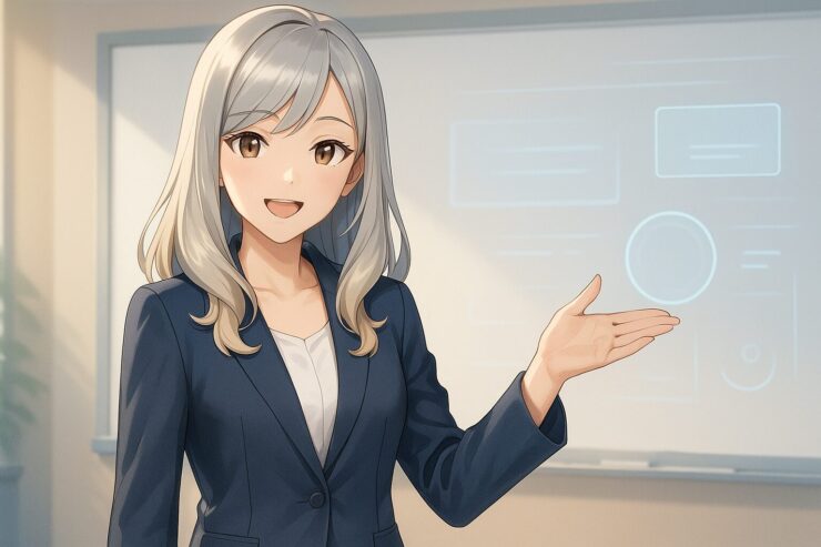 片手を軽く上げながら、読者に語りかける女子アナ風ミリアの解説シーン
