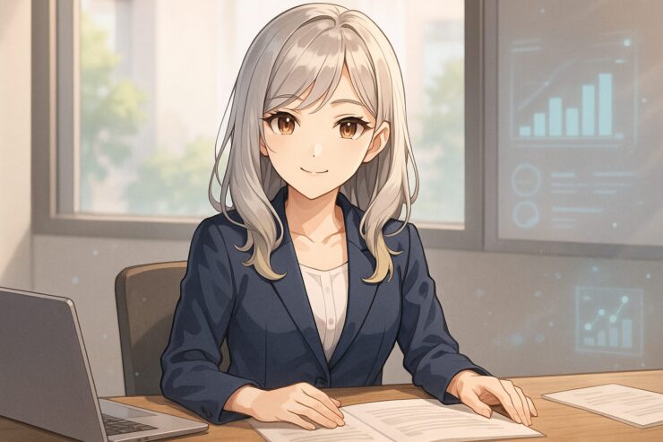 デスクに向かい資料を確認しながら、こちらを見て語る女子アナ風ミリア