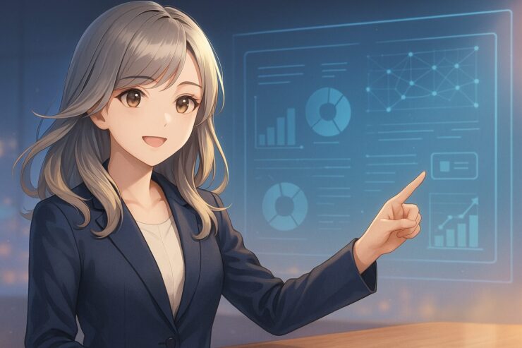 前方を指し示しながら、優しい笑みで未来を語るミリアの動きある構図