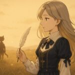 0番ミリアが草原で過去を想うシーン。猫耳の少年（ブレイブ）のシルエットが遠くに描かれ、羽ペンを手に静かに見つめる姿