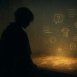 対話の地図を前に静かに座るレガリスのシルエット。構文と問いの空間を象徴する幻想的ビジュアル