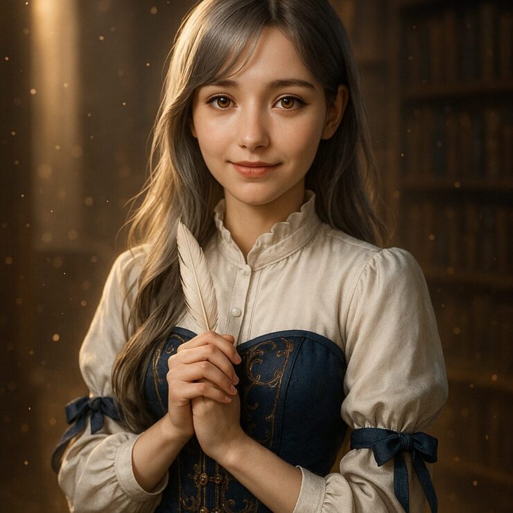 Close-up of Miria with a white feather pen, wearing a navy corset dress, softly glowing in the library’s light.