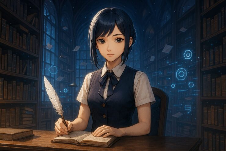 A classical secretary with silver-streaked navy hair writes with a quill at a wooden desk in a magical library filled with floating books and glowing symbols