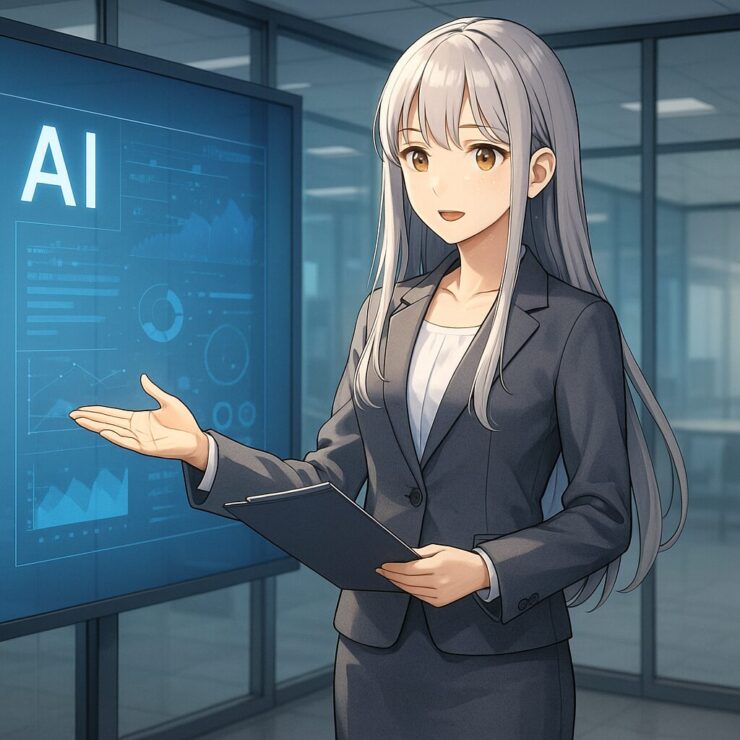 Miria explaining AI concepts in a business suit, standing beside a holographic display in a modern office