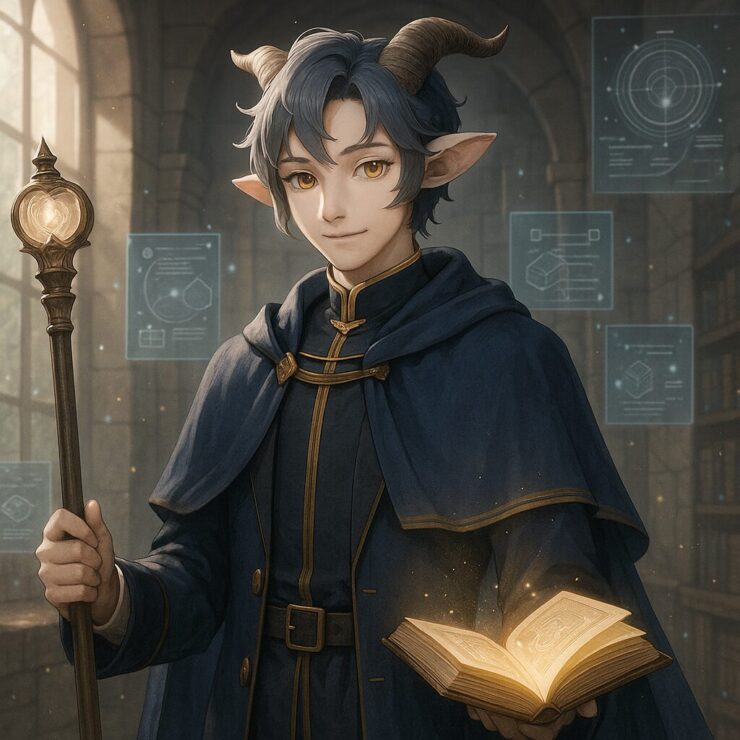 Alji standing quietly in a structured knowledge hall, with goat horns and floating diagrams