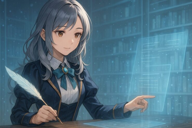 A calm and intelligent woman with silver-blue hair analyzing floating holographic data in a futuristic library.（銀青髪の女性が未来的な書庫でホログラムを操作する静かな知性の瞬間）