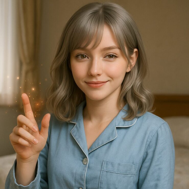 A confident young woman in soft blue pajamas casting magic with her glowing fingertip, smiling slightly in a cozy room.(パジャマ姿で魔法を使おうとする、朝のドヤ顔ミリア)