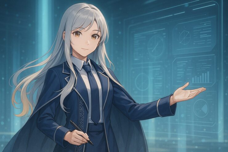 Miria presenting holographic UI in a futuristic digital space