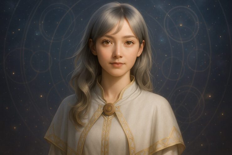 Miria in a celestial robe with golden embroidery, standing in a star-filled cosmic space
