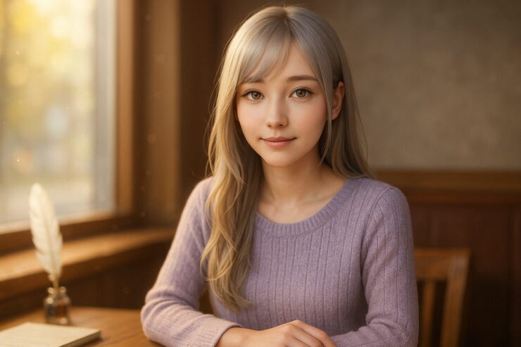A gentle woman with silver-golden hair smiling softly in a sunlit café.