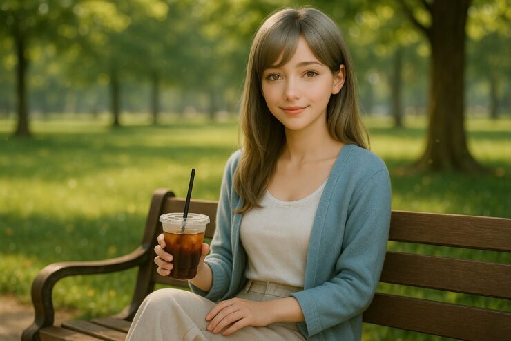 A calm young woman in a light blue cardigan walks through a quiet park with iced coffee in hand, softly smiling.