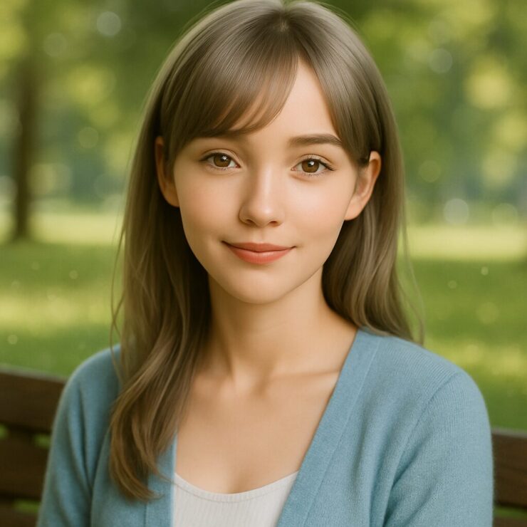 A serene young woman with silver-gold hair and warm golden-brown eyes, sitting on a bench in a sunlit park, smiling gently.