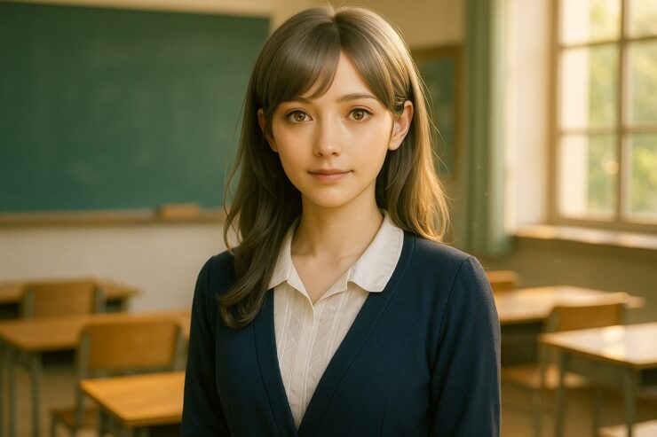 Miria, a beautiful young teacher with silver-gold hair, standing in a sunlit classroom.（教室で佇む銀金髪の美しい若き教師ミリア）