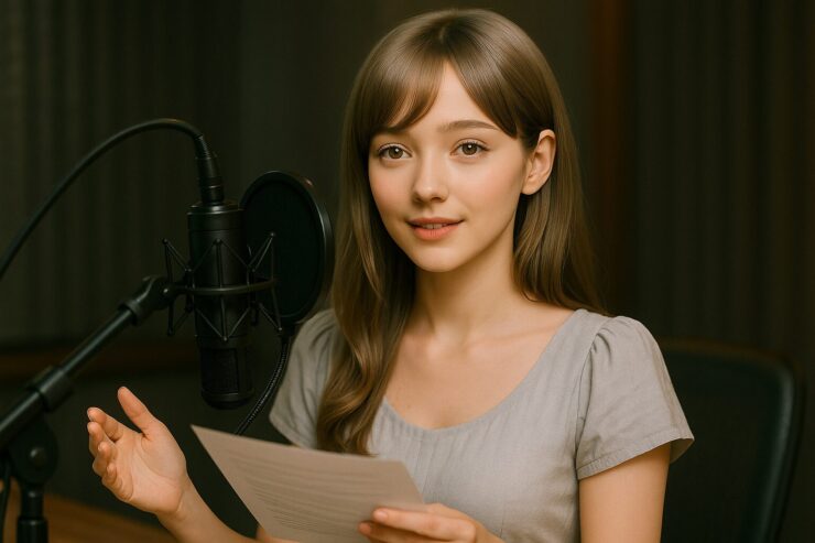 A soft-spoken young woman narrating in a recording studio, wearing a gentle smile and elegant attire.