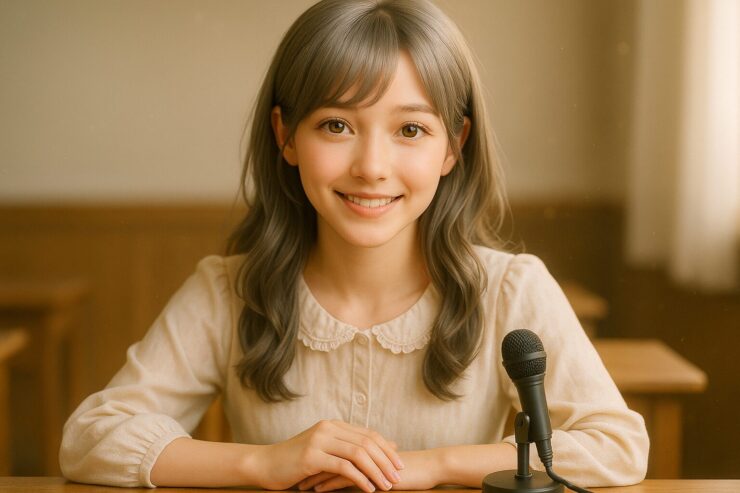 A gentle, smiling girl with silver-gold hair and golden eyes, sitting in front of a microphone at a wooden desk.（木の机でマイクの前に座る、銀金髪と金の瞳のやさしい笑顔の少女）