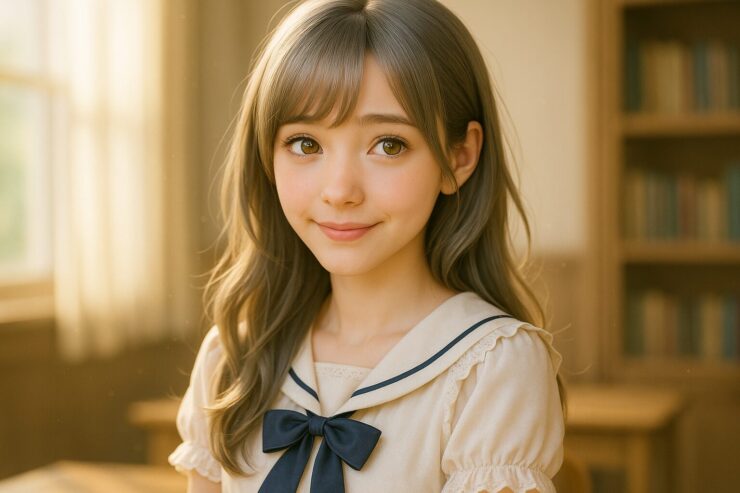 A cute girl with silver-gold hair and golden eyes in a sailor-style blouse, smiling softly in a sunlit room.（陽だまりの部屋で微笑む、セーラー服姿のミリア）