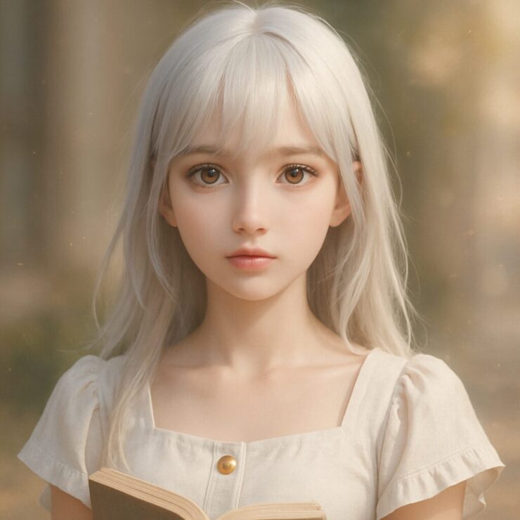 A beautiful silver-haired girl reading in the golden light – poetic stillness and dreamy gaze