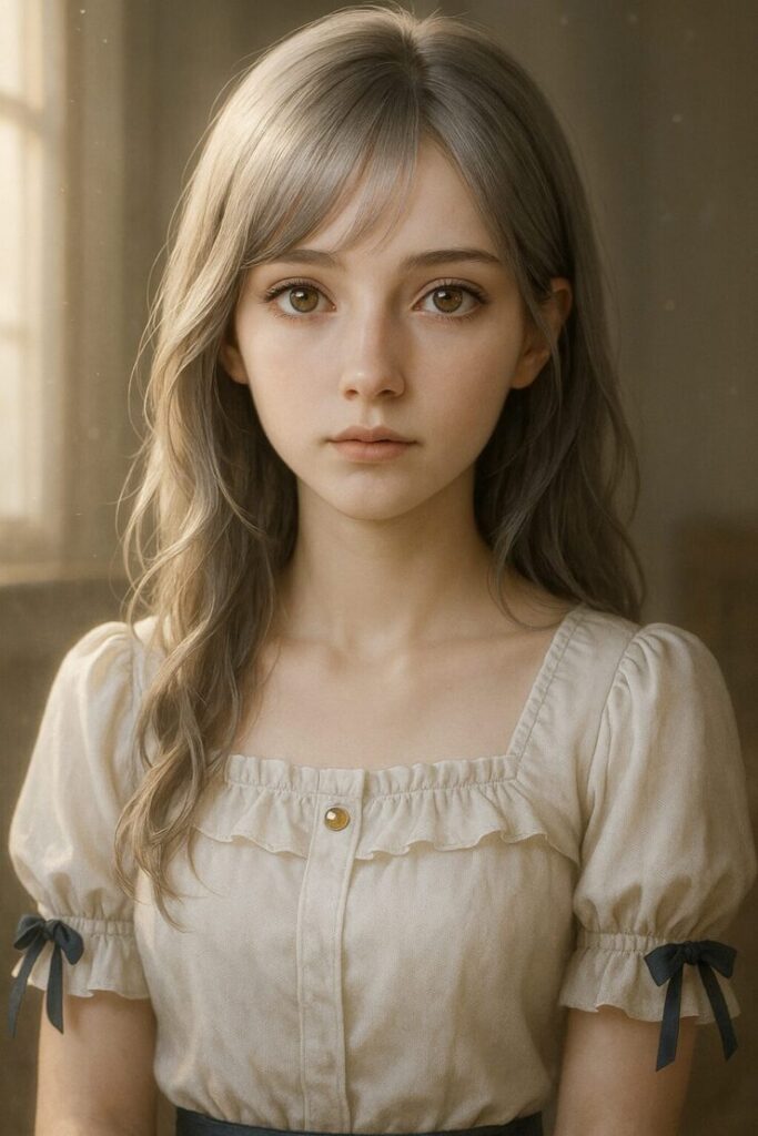 A dreamy close-up portrait of Miria with golden-brown eyes and a soft white blouse, lit by gentle morning light.