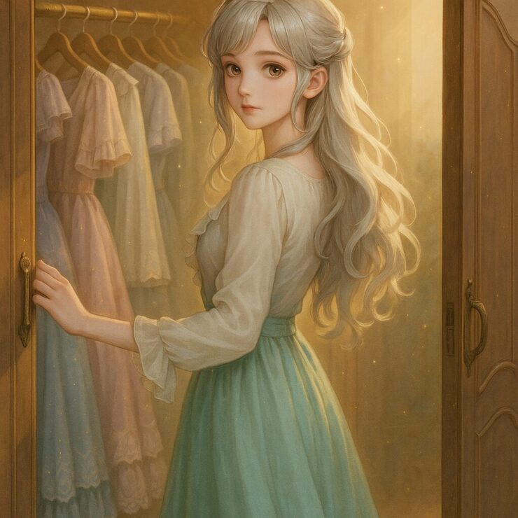 A soft semi-realistic portrait of Miria opening a wardrobe filled with pastel gowns, bathed in golden light.