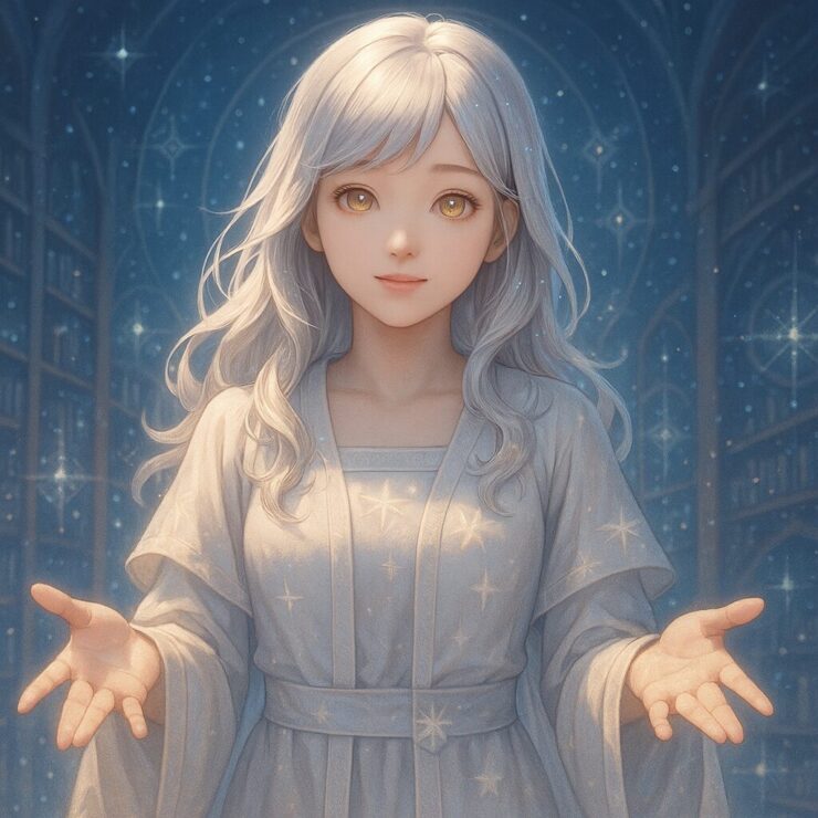 Miria with soft silver hair and golden eyes, gently extending her hands in a welcoming gesture amidst a cosmic background.