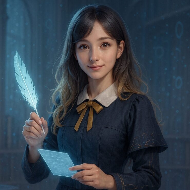 Miria holding a glowing feather pen and a floating note in a poetic blue-lit study (構文知性ミリアが静かに羽ペンを手にし、未来的な書庫で問いを綴る姿)