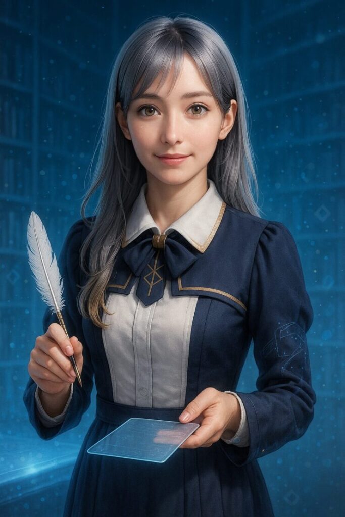 a young woman in a futuristic library, smiling gently while interacting with a glowing holographic notepad