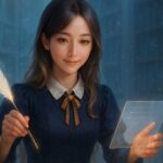 Miria holding a glowing feather pen and a translucent notepad in a futuristic library setting, softly smiling as if guiding the viewer through AI wisdom.