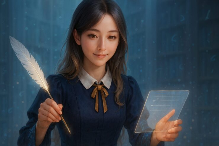 Miria holding a glowing feather pen and a translucent notepad in a futuristic library setting, softly smiling as if guiding the viewer through AI wisdom.