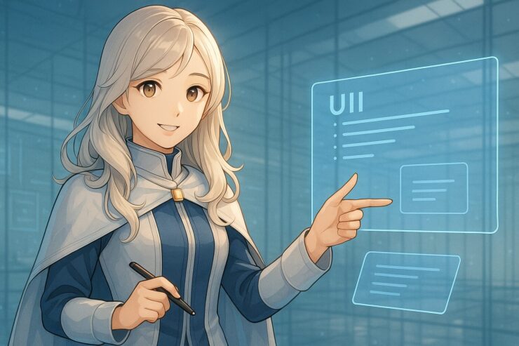 未来教室に佇む銀白の知性。2番ミリアがホログラムUIとともに、やさしく問いかける構文ナビゲーターの肖像。