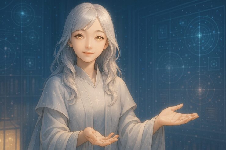 星図アーカイブの中で静かに佇むミリア。白金の髪と瞳が、星層の記憶を優しく映す知性と包容のビジュアル。