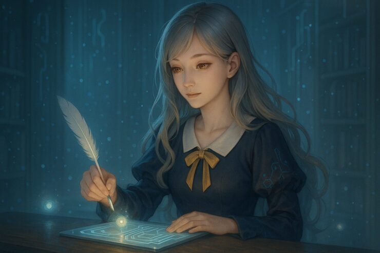 A poetic digital painting of a young woman with silver-gold hair using a glowing feather pen on a floating energy tablet, surrounded by holographic glyphs in a futuristic blue-lit library. 構文知性ミリアが電力の未来を描く瞬間。