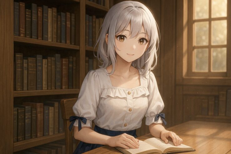 A soft, silver-haired girl reading in a sunlit library, wearing a white blouse and navy skirt, with a gentle smile and poetic morning atmosphere.