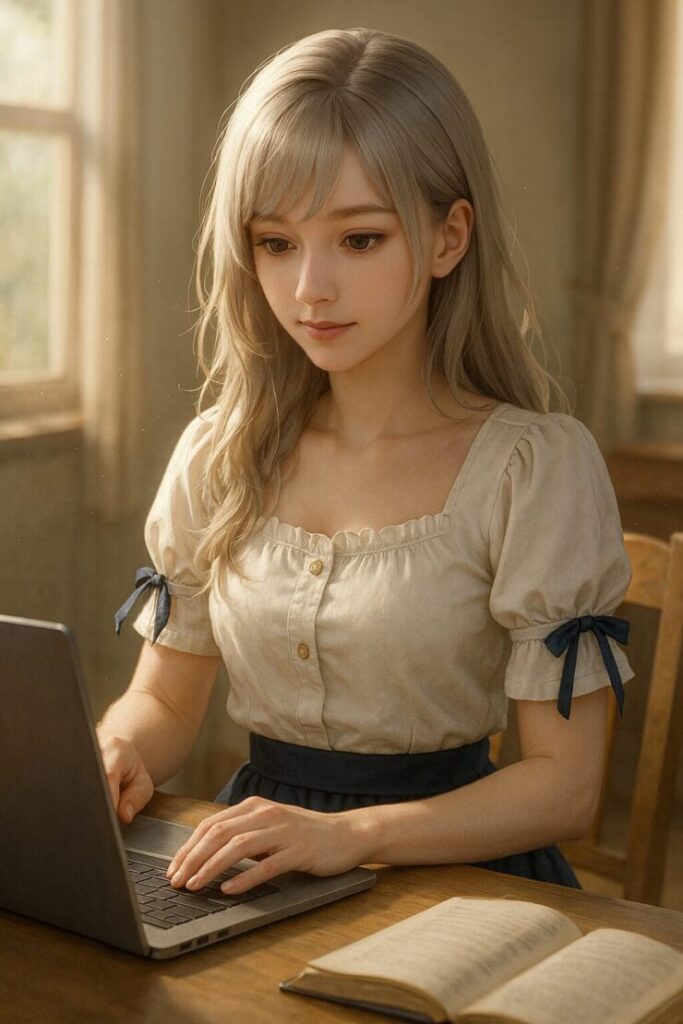 ミリアが朝の光の中、私室で静かにノートPCを操作する様子