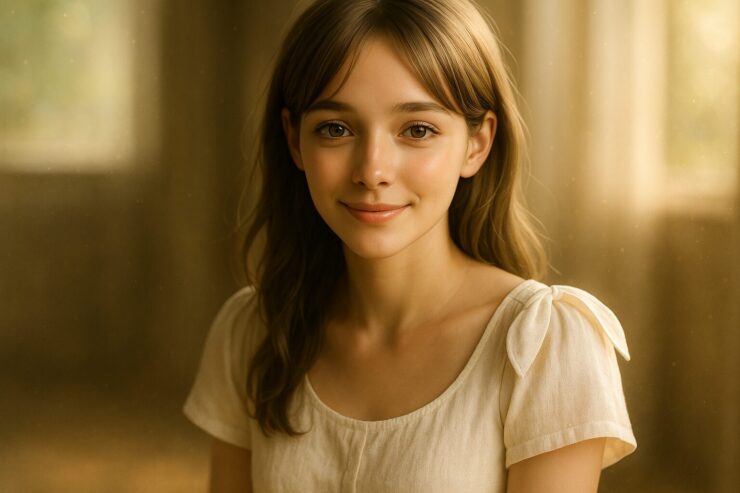 A young woman in an ivory linen dress smiles softly in warm sunlight, creating a serene and refreshing summer portrait.