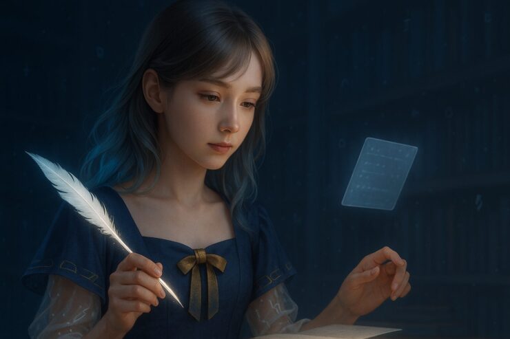 ミリアがネイビーとホワイトのレイヤードドレスを身にまとい、柔らかな光に包まれて静かに佇む横長構図のポートレート