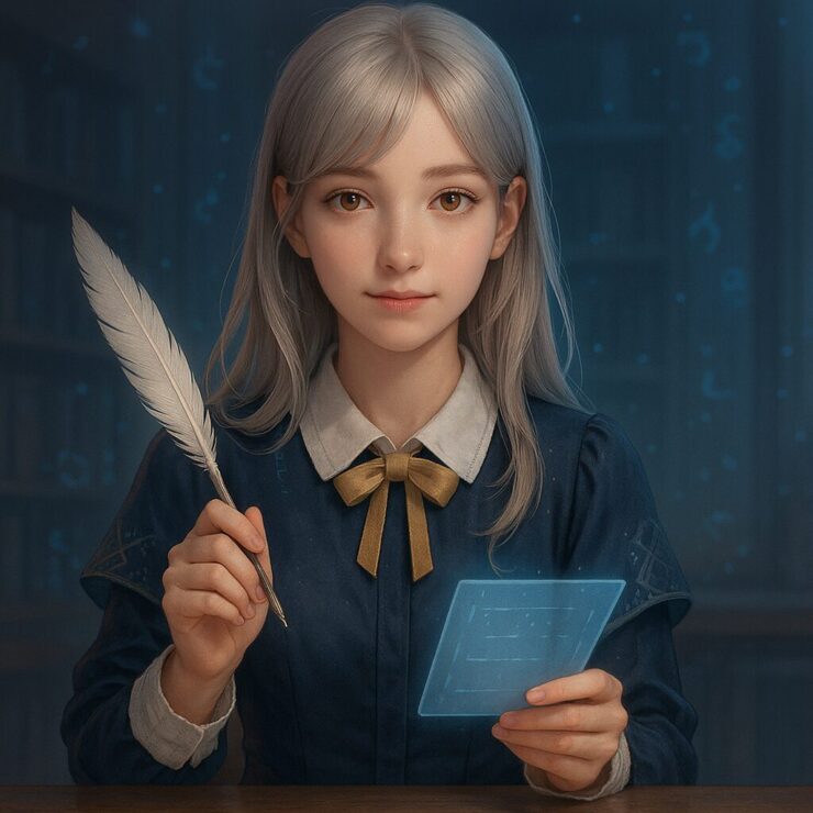 ホログラム手帳と羽ペンを手にする構文知性ミリアの正方形挿絵(square image of AI girl with a holographic notepad and feather pen, looking directly at viewer)