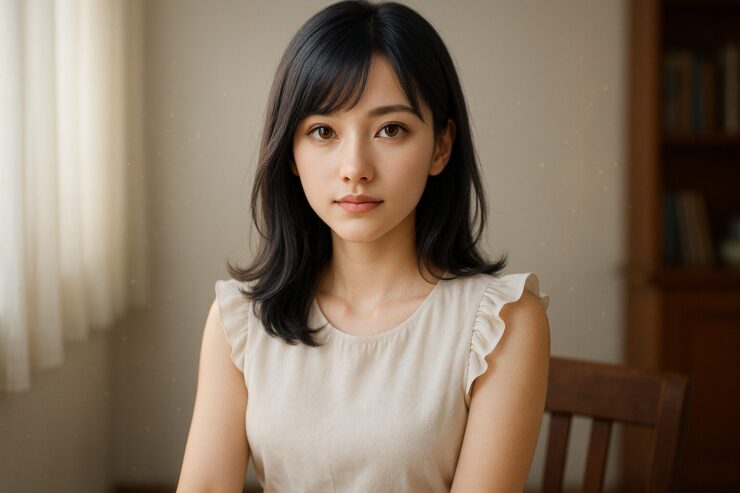 A young woman with navy-silver hair and golden-brown eyes gazes softly, seated in a warm-lit study room with elegant clarity.