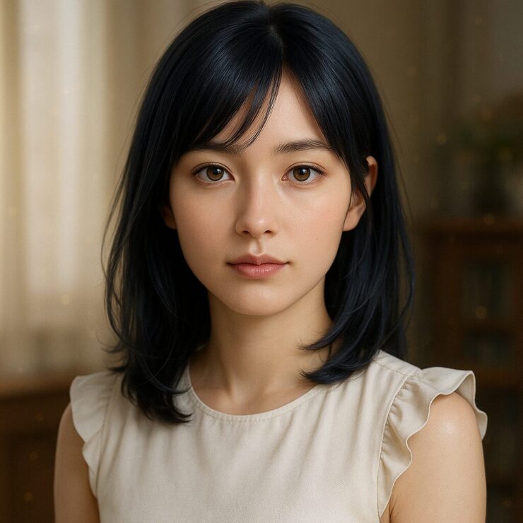 Square portrait of a calm young woman with golden-brown eyes and soft navy hair, framed by warm ambient light and background blur.